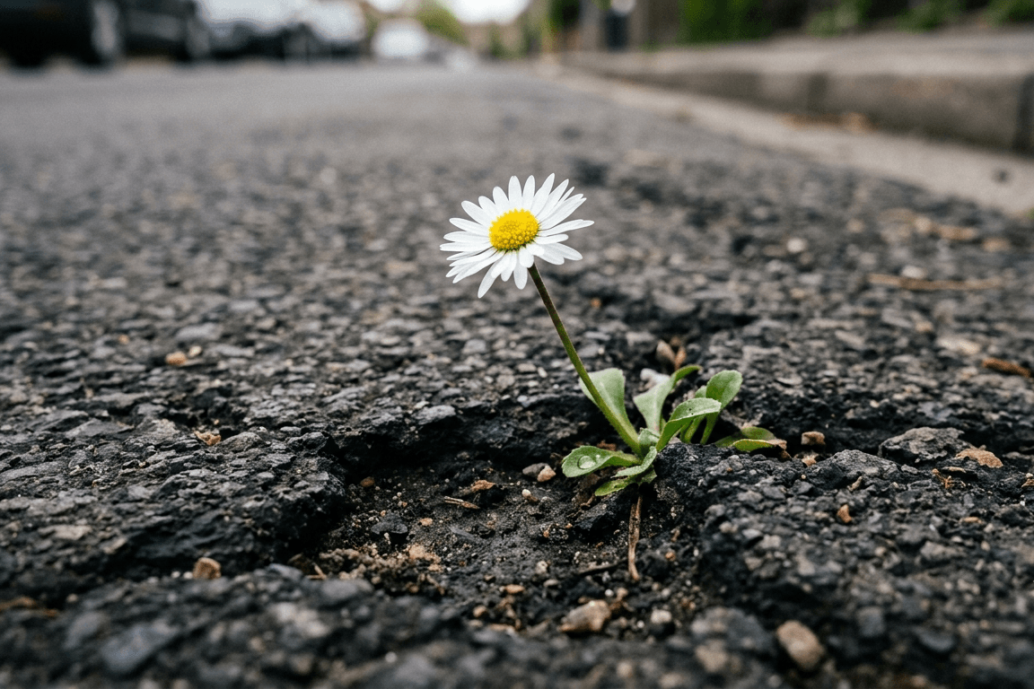 Gänseblümchen wächst durch den Asphalt