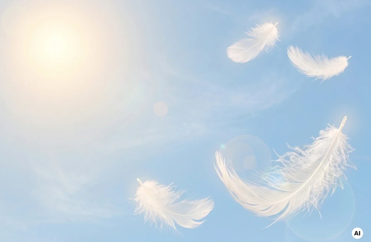 Federn fliegen im Himmel mit Sonnenstrahlen